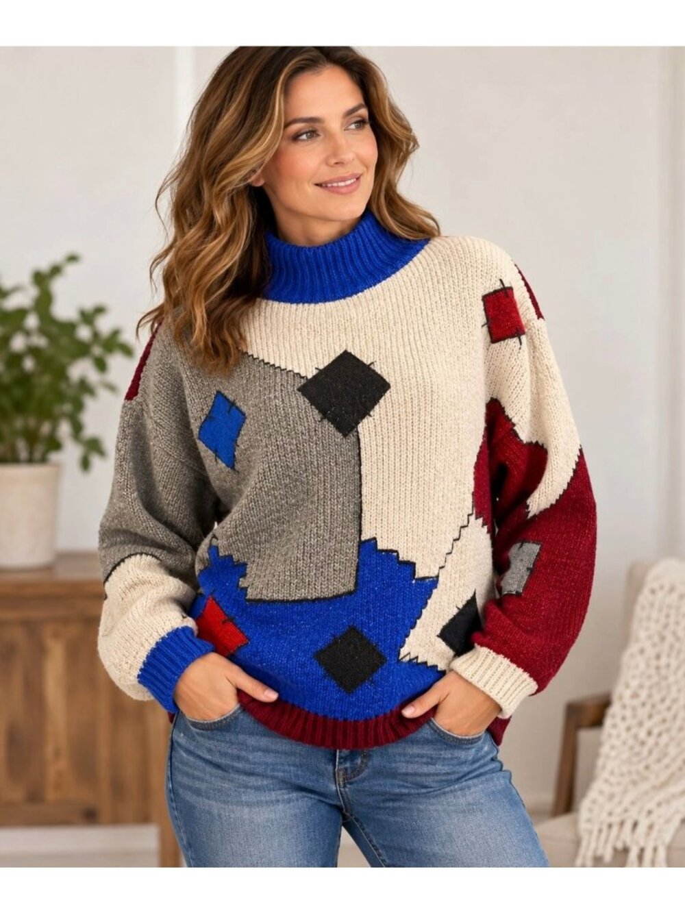 Sweater Patchwork Chunky Ribbed Knit  Eddie Dassin Preppy Retro Womens Sz Large
